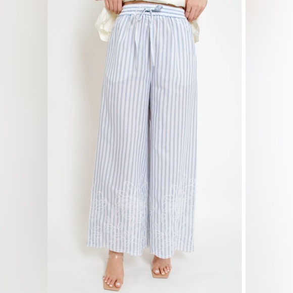 Frnch NWT Blue And White Striped Drawstring Wide Leg Pants Embroidered Small - Picture 12 of 12
